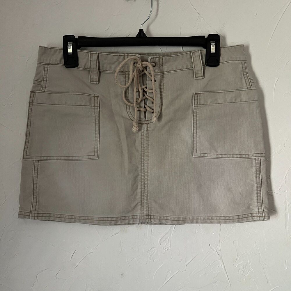 Vintage Y2K American Eagle Lace Up Mini Skirt Beige Cotton‎ Mall Goth Size 4